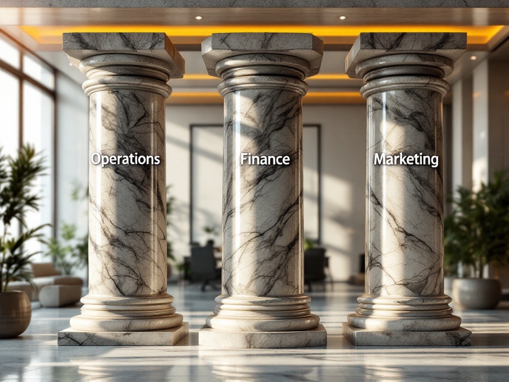Three marble pillars labeled Operations, Finance, and Marketing supporting modern business structure