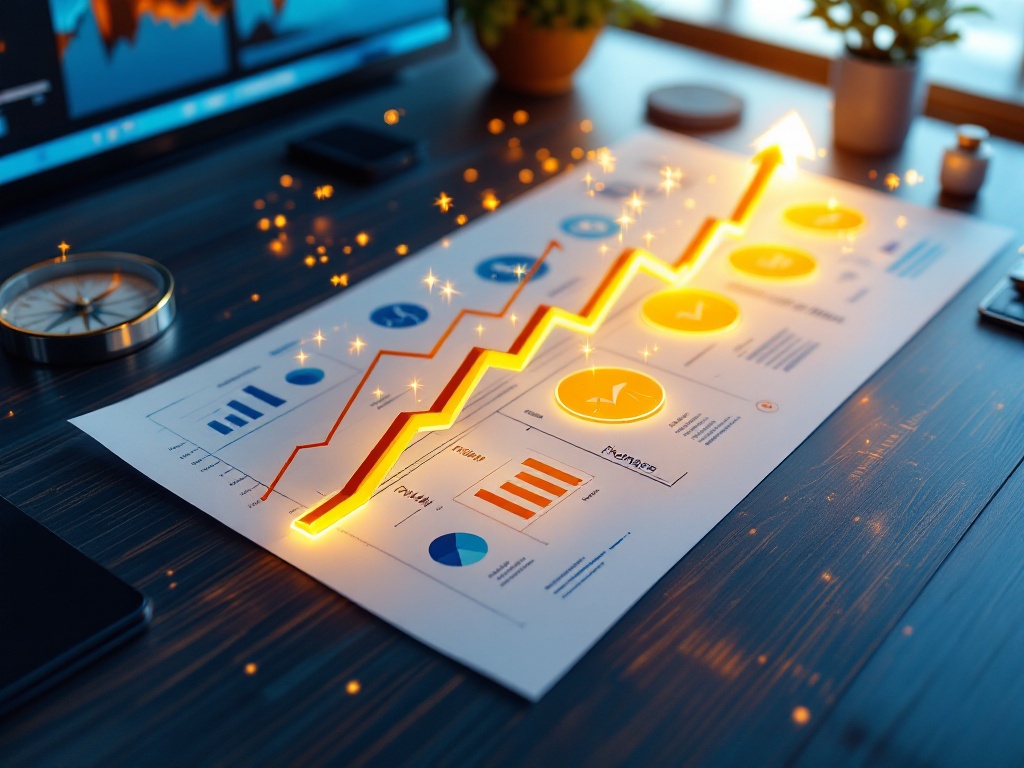 Professional business setting with strategic financial planning documents and growth charts on modern desk