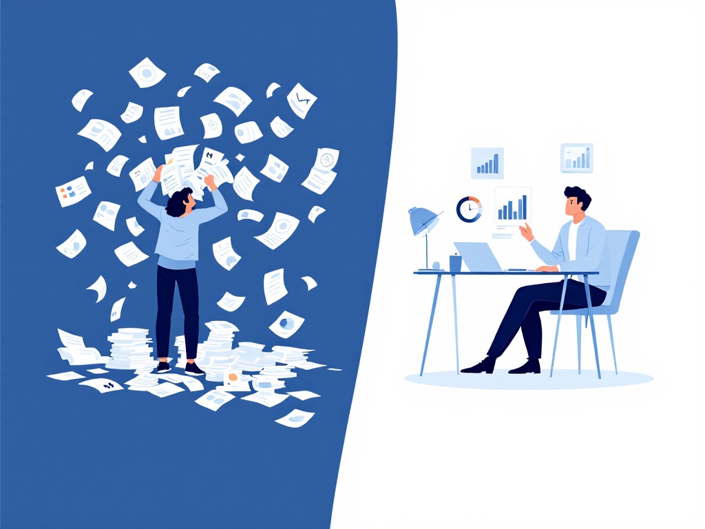 Contrasting image showing financial transformation in startup management: Split scene with stressed entrepreneur surrounded by messy financial paperwork on left side, transitioning to successful business owner confidently reviewing organized financial charts with professional expert on right side. Modern business illustration in blue and white corporate style.