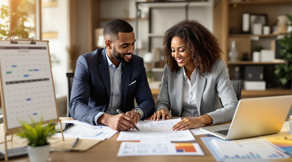 Business professionals reviewing financial documents and year-round planning calendar showing strategic bookkeeping management