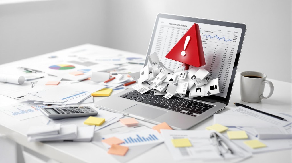 Messy desk with scattered financial documents, calculator, and red warning flag on laptop screen showing bookkeeping issues